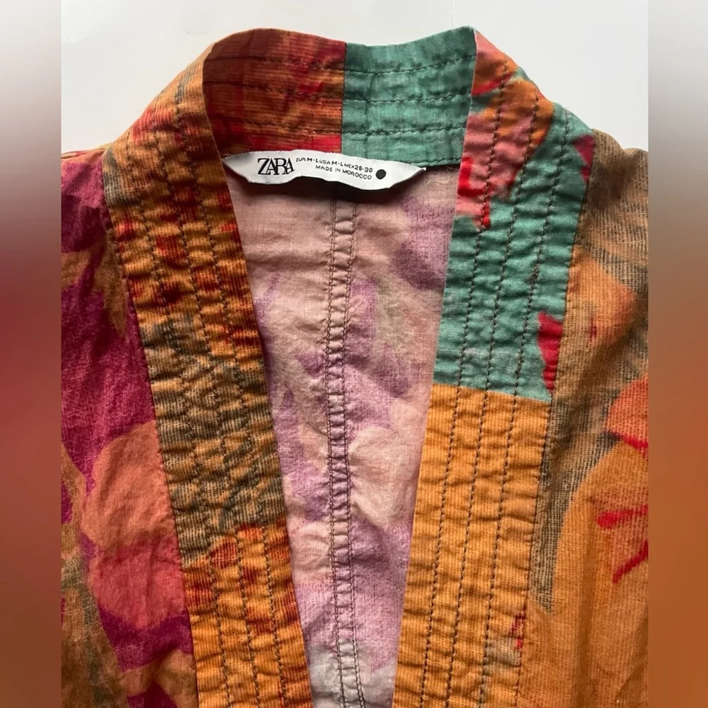 ZARA Patchwork Kimono Jacket Belted SashBoho Artisan Floral Print m /L - Picture 8 of 11
